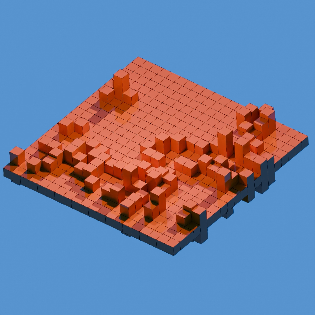 Still first frame of the 3D Game of Life Animation on a red Voxel Grid where the lifespan of a node is deomonstrated by the height of a voxel along a plane. 