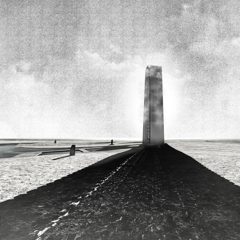 An at-distance black and white render of the kiribati nuclear bomb memorial taken from a person's viewpoint looks like a monumental concrete structure on a flat, barren landscape with a cloudy sky expert conceptual, experimental building design render