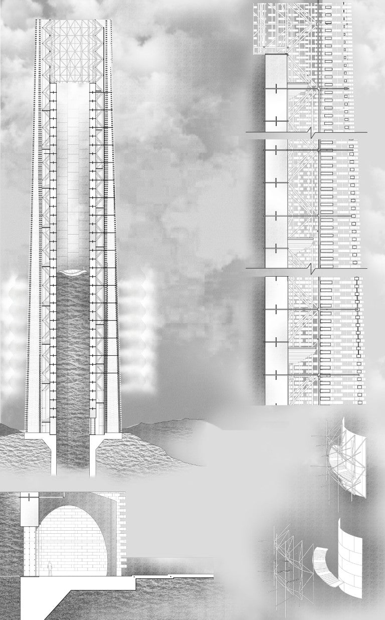 Black and white architectural section of a building with detailed layout. expert conceptual, experimental building design cross section
