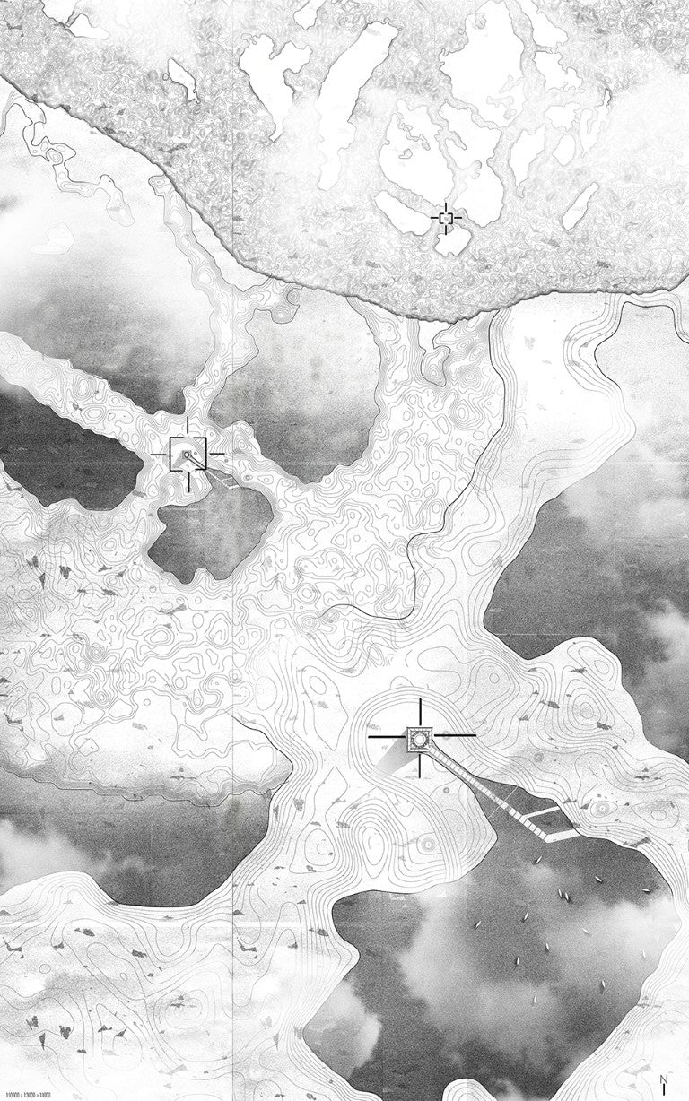Topographical map of the kiribati nuclear bomb memorial with contour lines and elevation changes. Elevation render and planning elevation drawing and visualisation